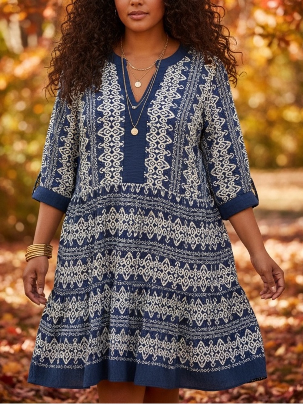 Fig + Flower Ikat Print Boho Tiered Dress